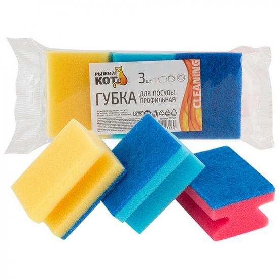 Губка поролоновая с фиброй для посуды 3 шт 8*6*4 см профильная Рыжий кот (1/40) - 1