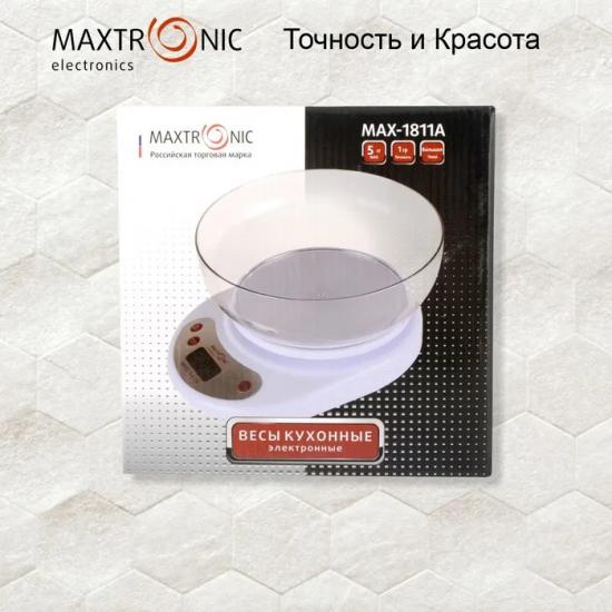 Весы кухонные электронные пластик 5 кг чаша съемная 1,25 л дисплей прозрачный-белый Maxtronic (1/24) - 1