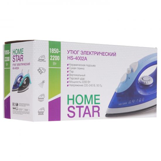 Утюг 2,2 кВт тефлоновая подошва 20 см вертик отпарив удар синий HS-4002А HomeStar (1/12) - 1