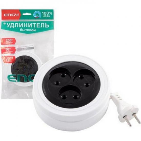 Удлинитель рулетка 3 гнезда 3 м б/з ШВВП 2*0,75 мм 6А/1,3 кВт 250В круглый белый Engy (1/40) - 1