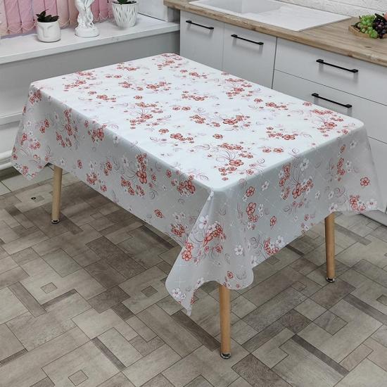 Клеенка ПВХ без основы 1,37*20 м 1 мм красно-белые цветы на нежно-роозовом Бруна Baizheng (1/1) - 1