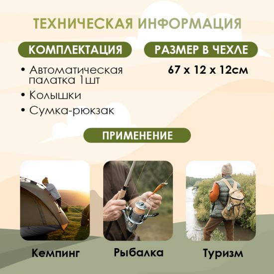 Палатка 2-х местная 200*150*125 см PU2000 автоматическая зеленый Baizheng (1/10) - 1